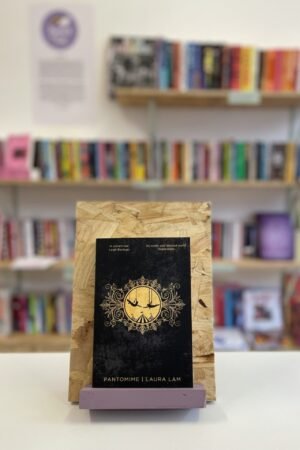 Cymraeg: Copi o 'Pantomime' yn sefyll ar stondin llyfrau, tu blaen silffoedd o lyfrau yn y cefndir. English: A copy of 'Pantomime' sitson a stand in front of multiple shelves of other books.