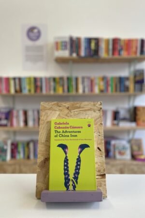 Cymraeg: Copi o 'The Adventures of China Iron' yn sefyll ar stondin llyfrau, tu blaen silffoedd o lyfrau yn y cefndir. | English: A copy of 'The Adventures of China Iron' sits on a stand in front of multiple shelves of other books.