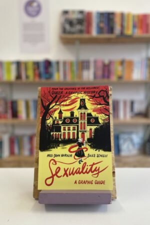 Cymraeg: Copi o 'Sexuality: A Graphic Guide' yn sefyll ar stondin llyfrau, tu blaen silffoedd o lyfrau yn y cefndir. | English: A copy of 'Sexuality: A Graphic Guide' sits on a stand in front of multiple shelves of other books.