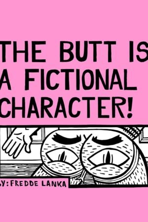 Pink background and drawing of an animated butt in a jockstrap with large eyes.