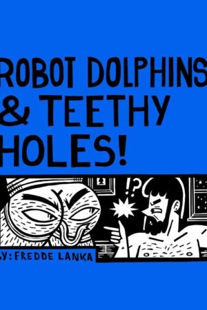 Illustration of an animated butt in a jock strap, with eyes anad a tongue, as it stairs at a bearded person.