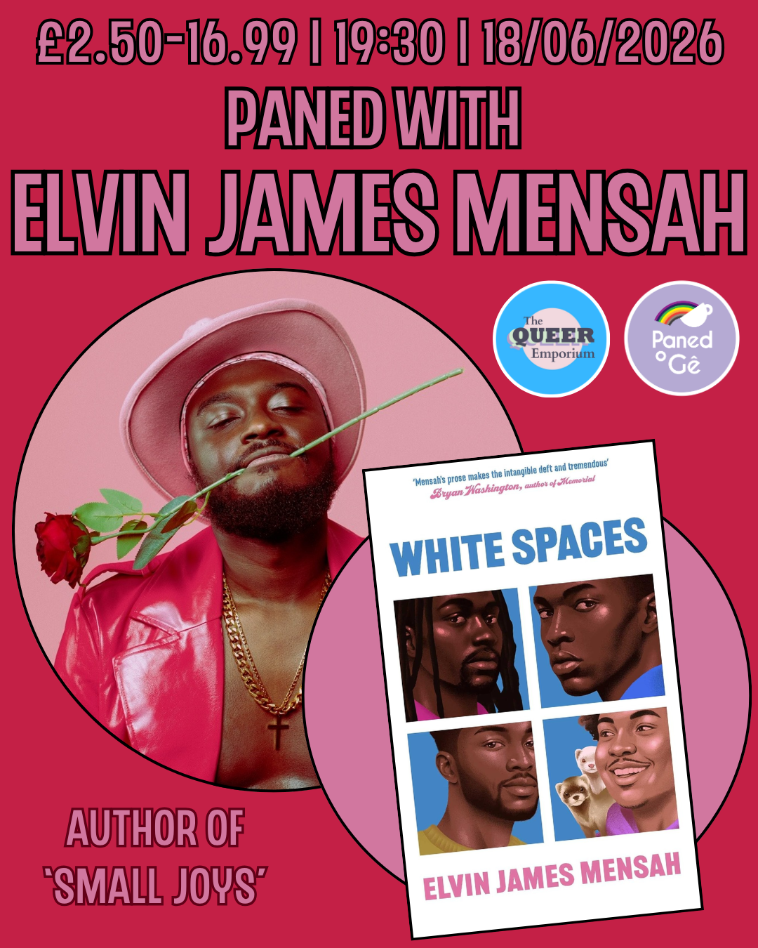 Red background featuring an image of author, Elvin James Mensah, and the cover of his latest book, 'White Spaces'. In pink writing is the name of the event, price, time (19:30) and date (18/06/2026).