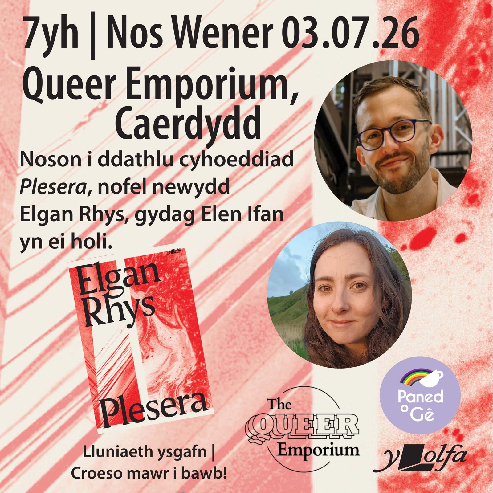 Striped red and white background, featuring the cover of 'Plesera' and photos of Elen Ifan and Elgan Rhys.