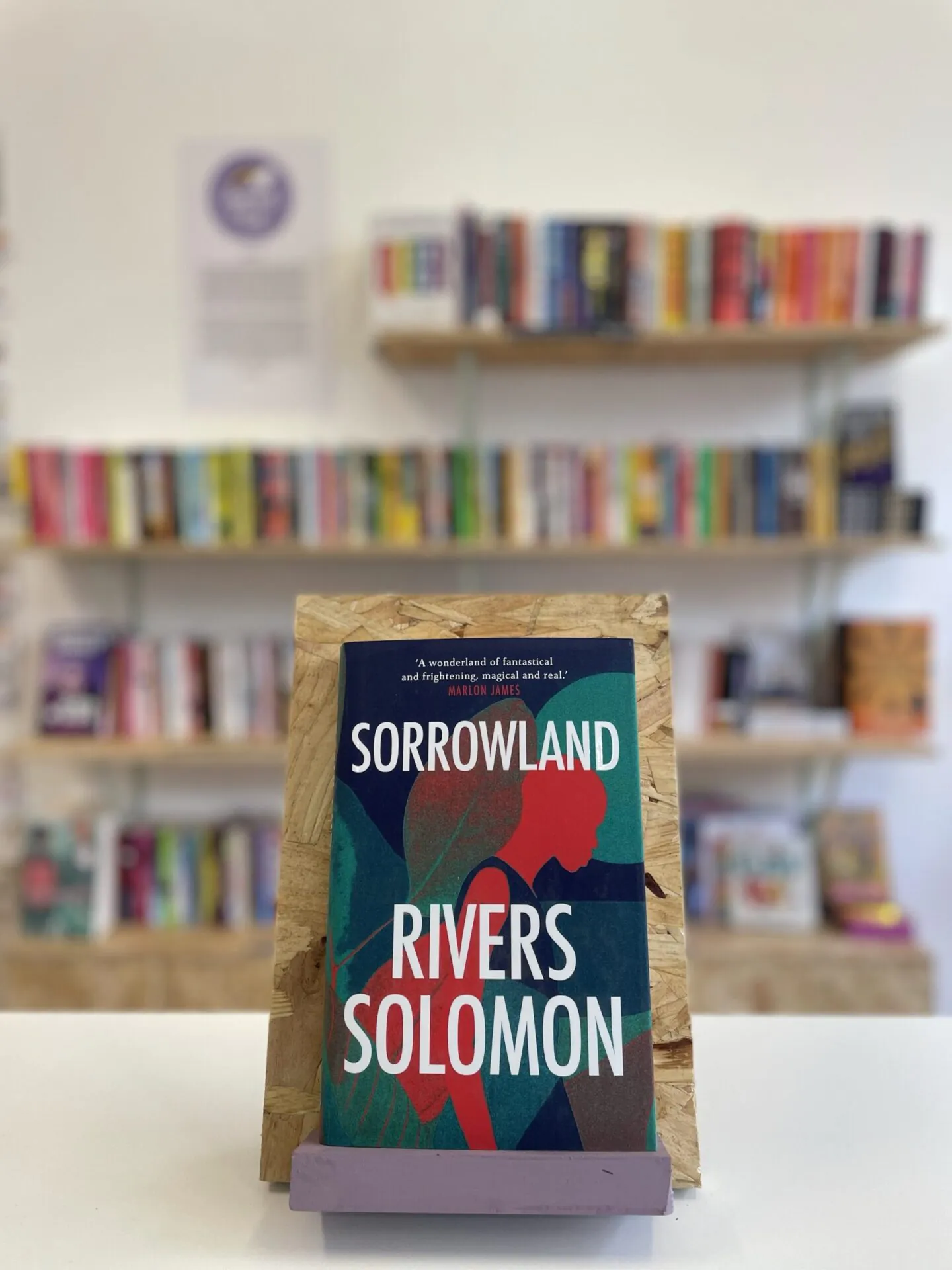 Cymraeg: Copi o 'Sorrowland' yn sefyll ar stondin llyfrau, tu blaen silffoedd o lyfrau yn y cefndir. | English: A copy of 'Sorrowland' sits on a stand in front of multiple shelves of other books.