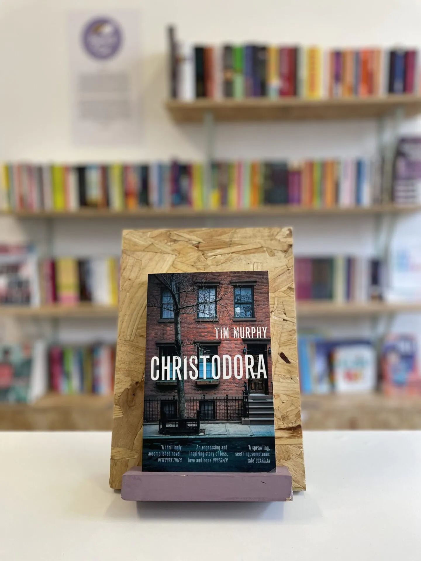 Cymraeg: Copi o 'Christodora' yn sefyll ar stondin llyfrau, tu blaen silffoedd o lyfrau yn y cefndir. | English: A copy of 'Christodora' sits on a stand in front of multiple shelves of other books.