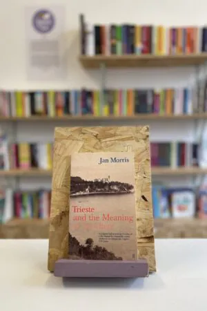 Cymraeg: Copi o 'Trieste and the Meaning of Nowhere' yn sefyll ar stondin llyfrau, tu blaen silffoedd o lyfrau yn y cefndir. | English: A copy of 'Trieste and the Meaning of Nowhere' sits on a stand in front of multiple shelves of other books.