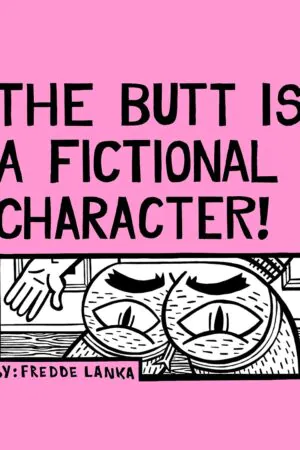 Pink background and drawing of an animated butt in a jockstrap with large eyes.