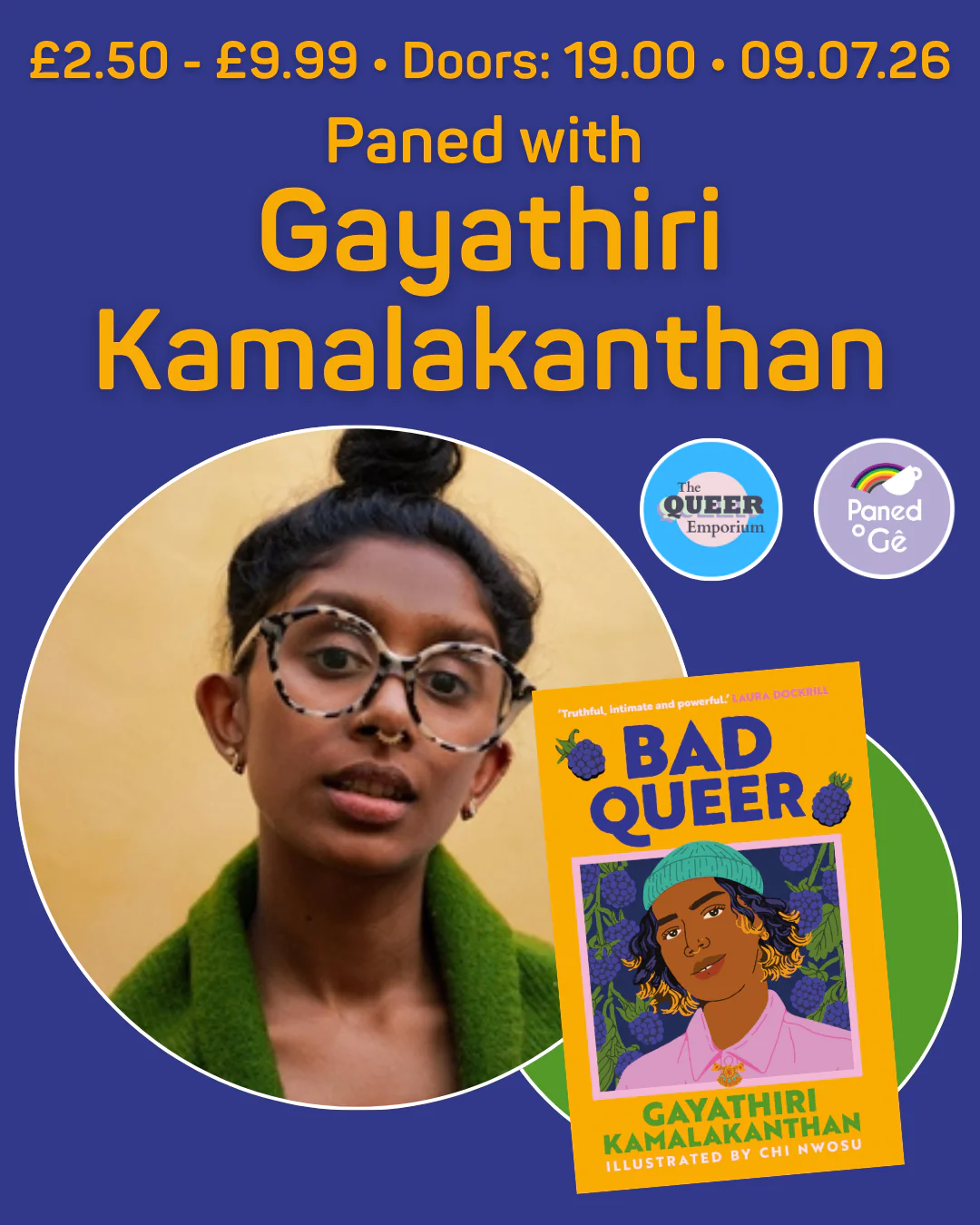 Poster for an event featuring Gayathiri Kamalakanthan with a book cover and event details (date: 9th July; doors: 19:00; event: 19:30).